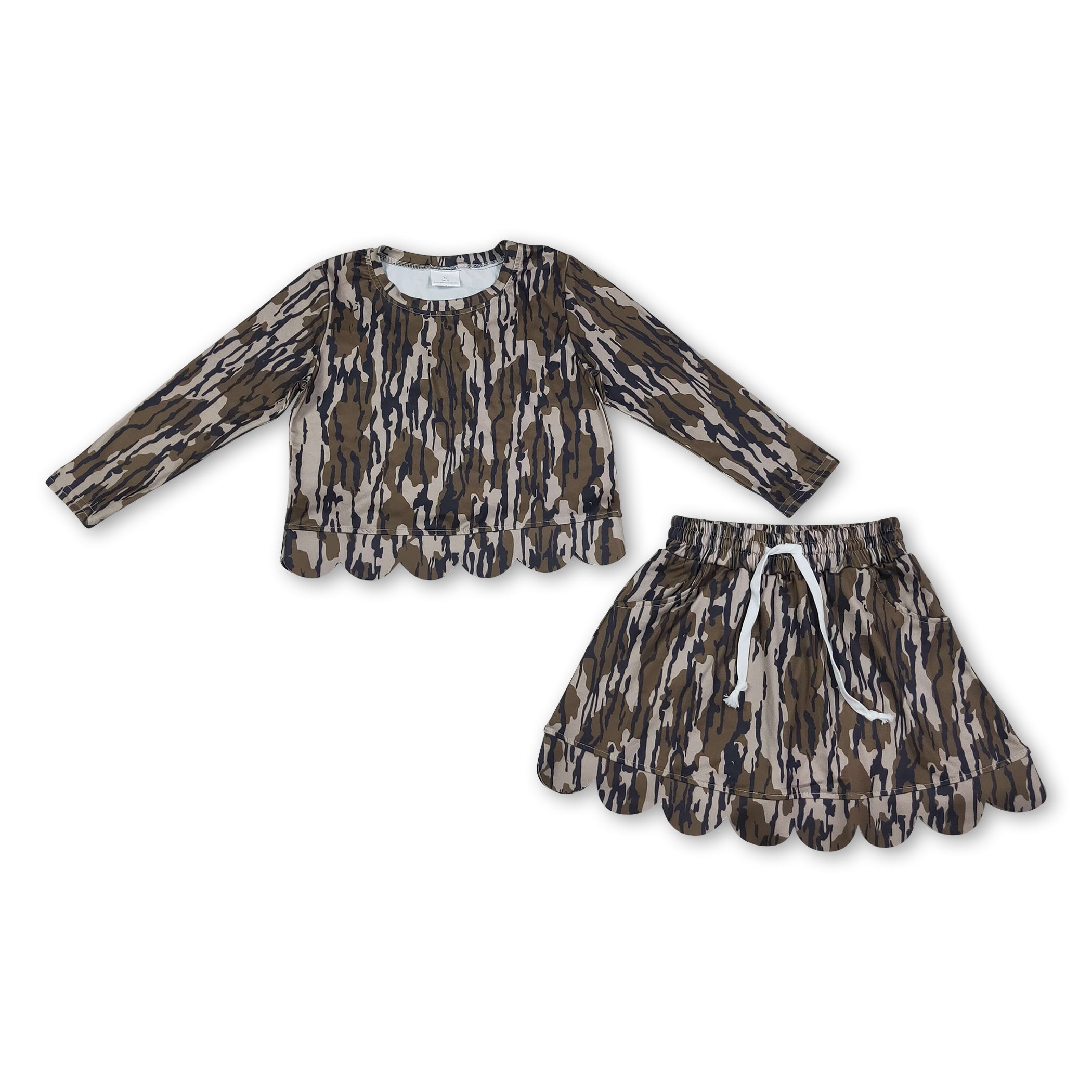 Long sleeves olive camo scallop top skirt kids girls outfits