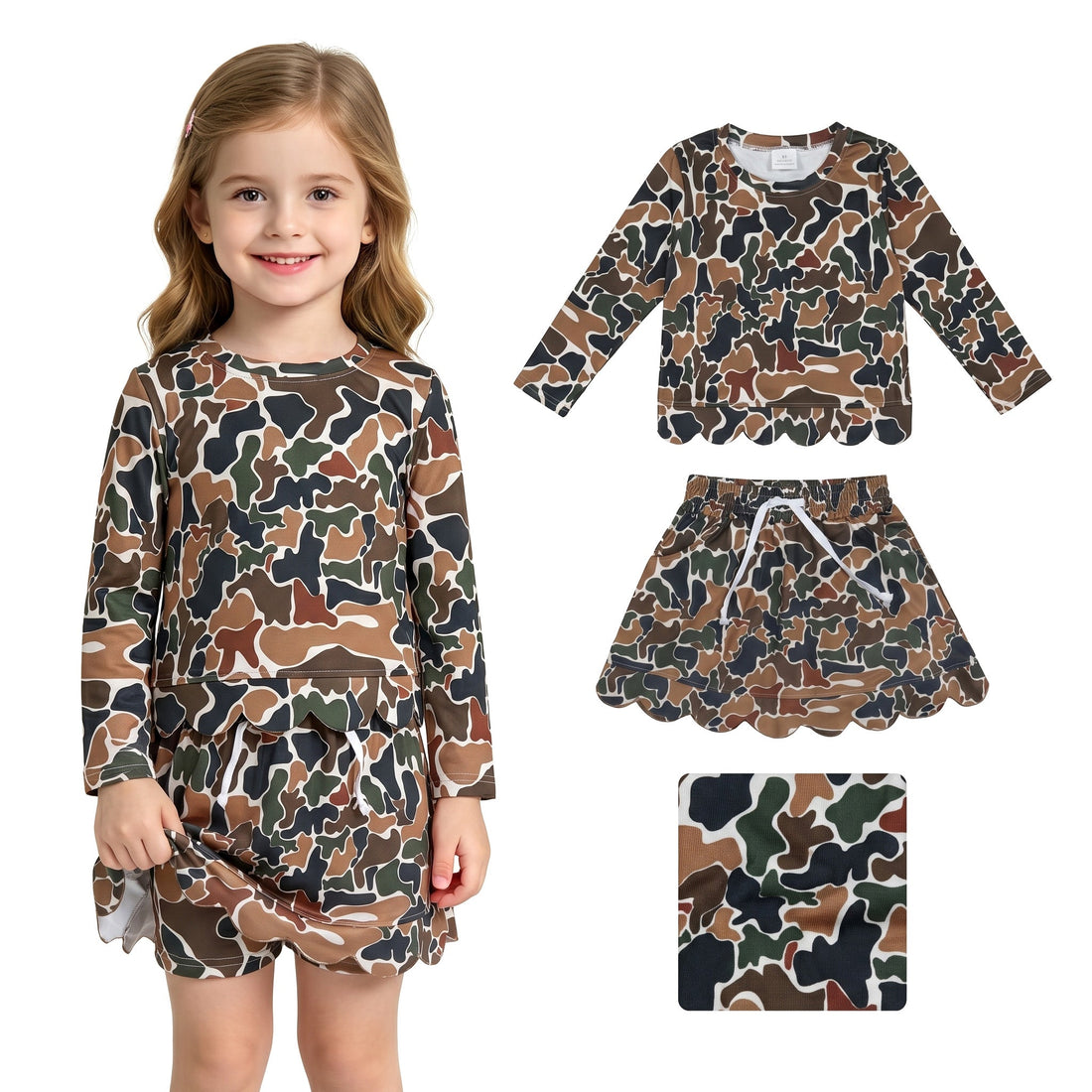 Girl wearing a long sleeves brown camo scallop top and skirt set by Mini Rodeo, stylish casual outfit for girls.