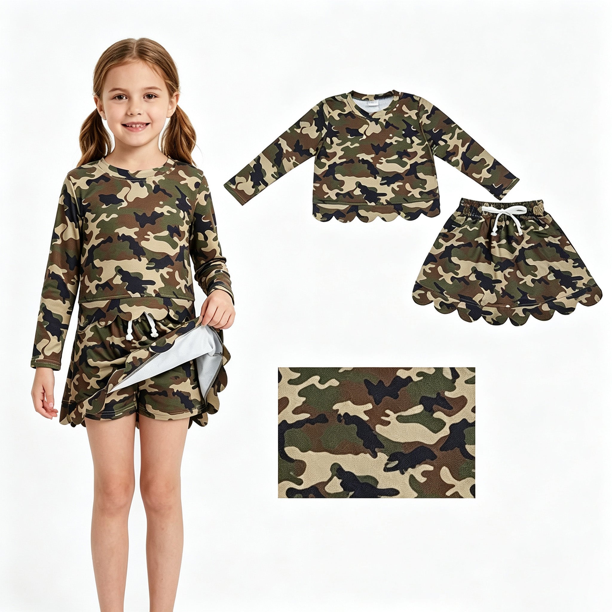 Long sleeves green camo scallop top skirt kids girls outfits