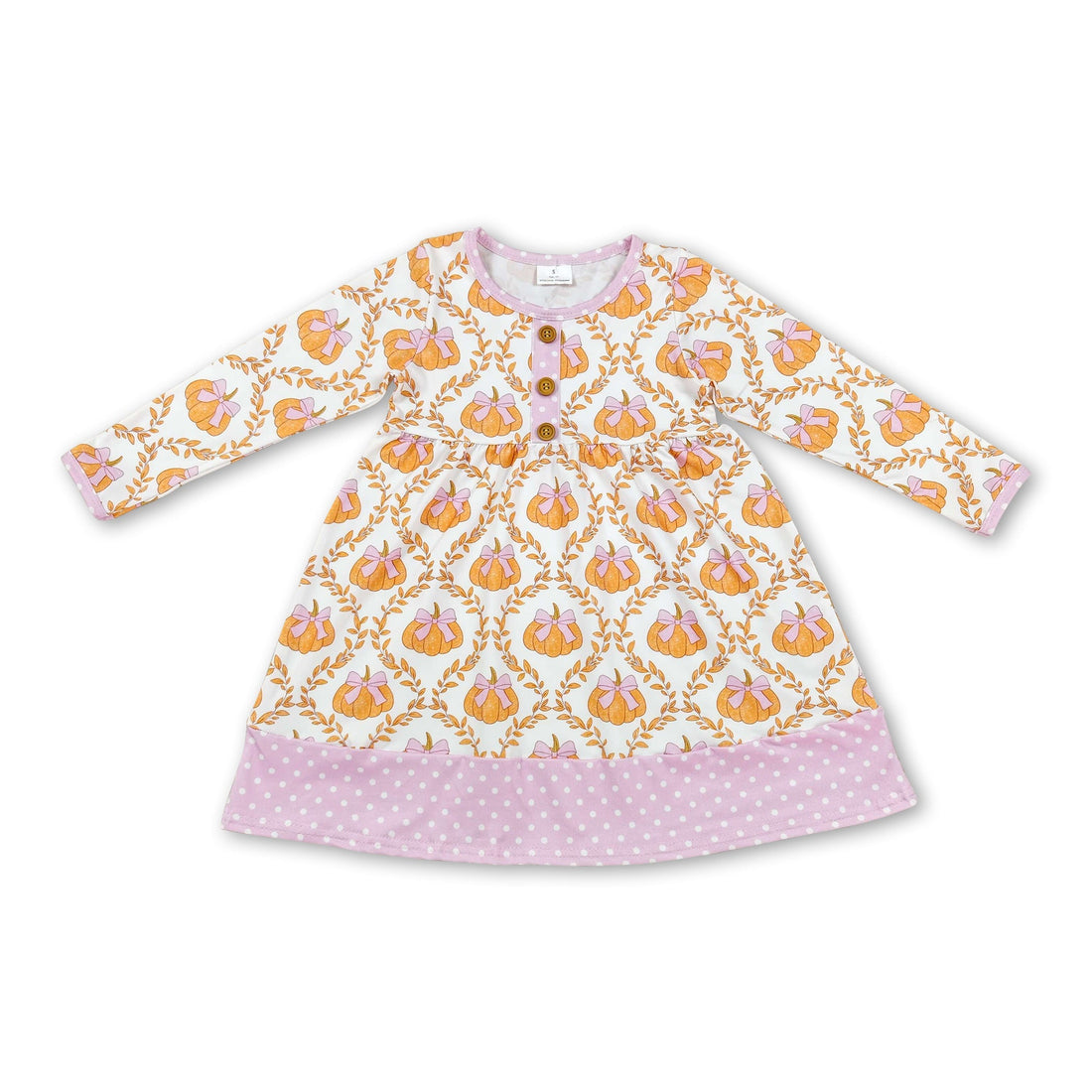Pink long sleeve pumpkin dress for girls with bow detail by Mini Rodeo, perfect for fall fall autumn children’s fashion.