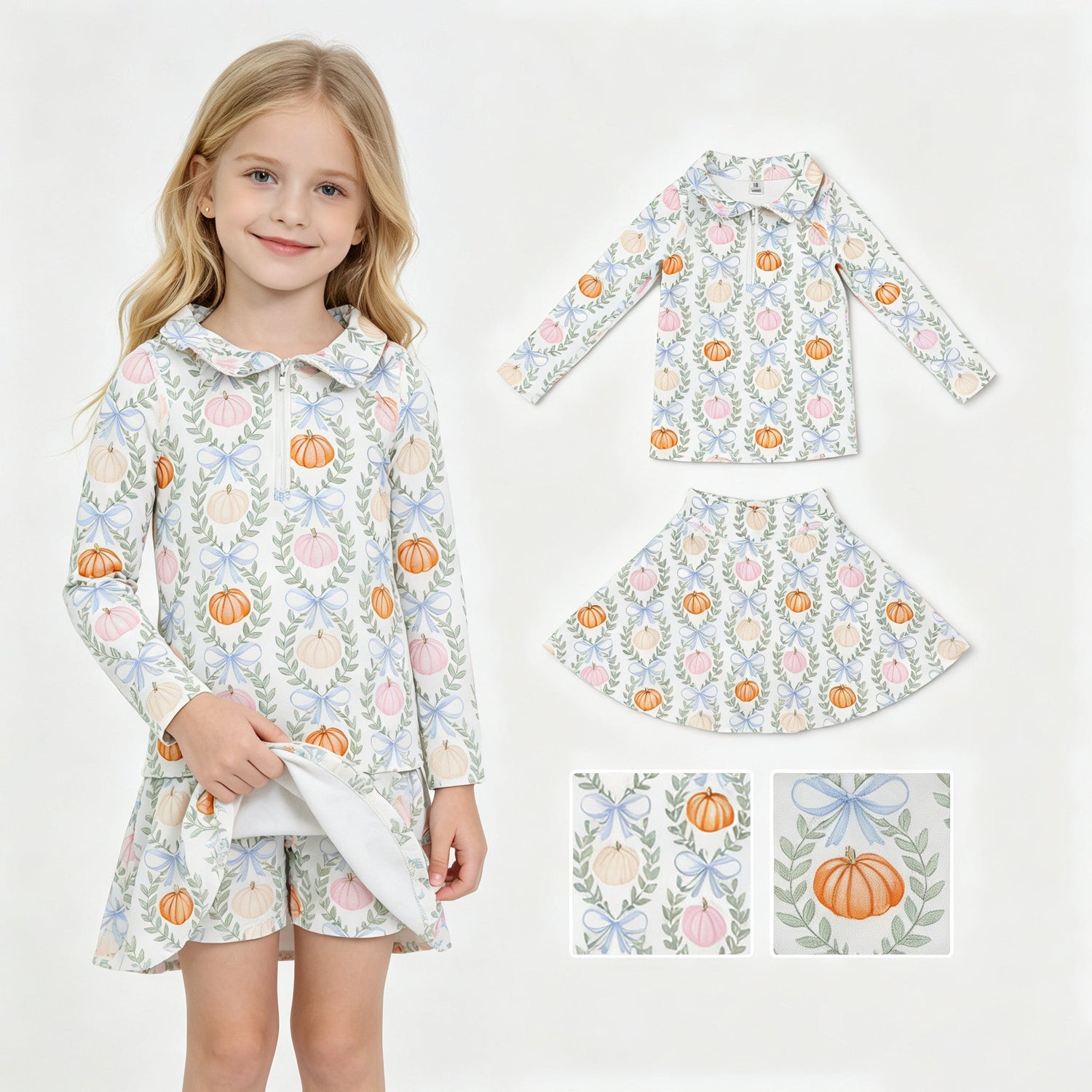 Long sleeves pumpkin bow kids girls fall active wear set