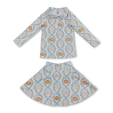 Mini Rodeo girl long sleeves pumpkin bow fall active wear set with top and skirt, perfect for kids girls&