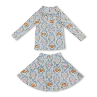 Long sleeves pumpkin bow kids girls fall active wear set