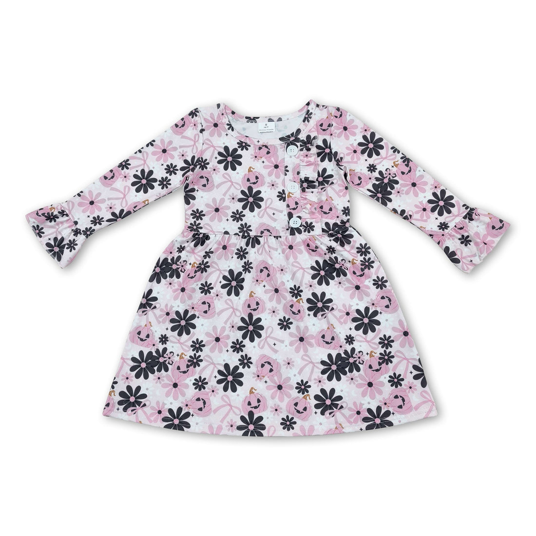Long sleeves pink bow pumpkin floral girls Halloween dress