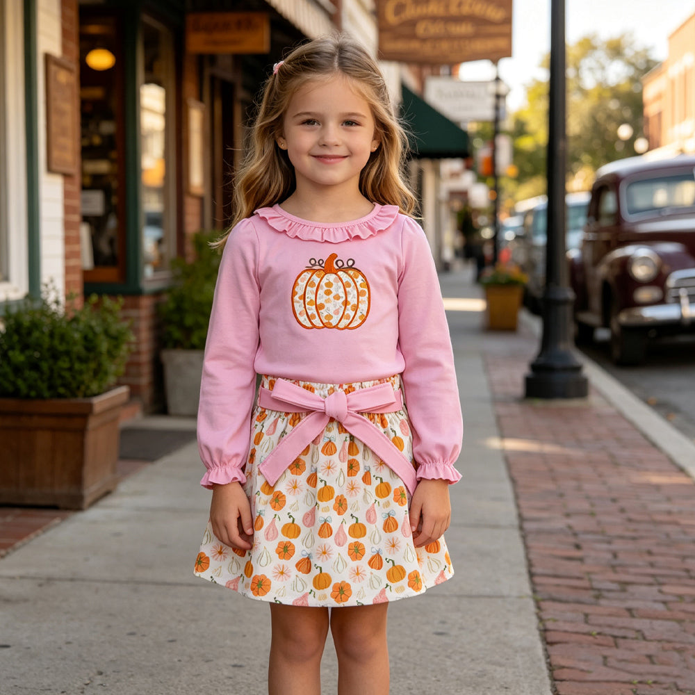 Pink ruffle pumpkin embroidery top skirt girls outfits