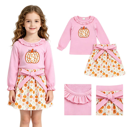 Pink ruffle pumpkin embroidery top skirt girls outfits