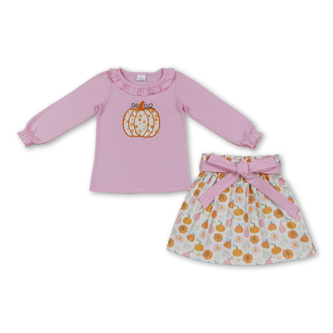 Pink ruffle pumpkin embroidery top skirt girls outfits