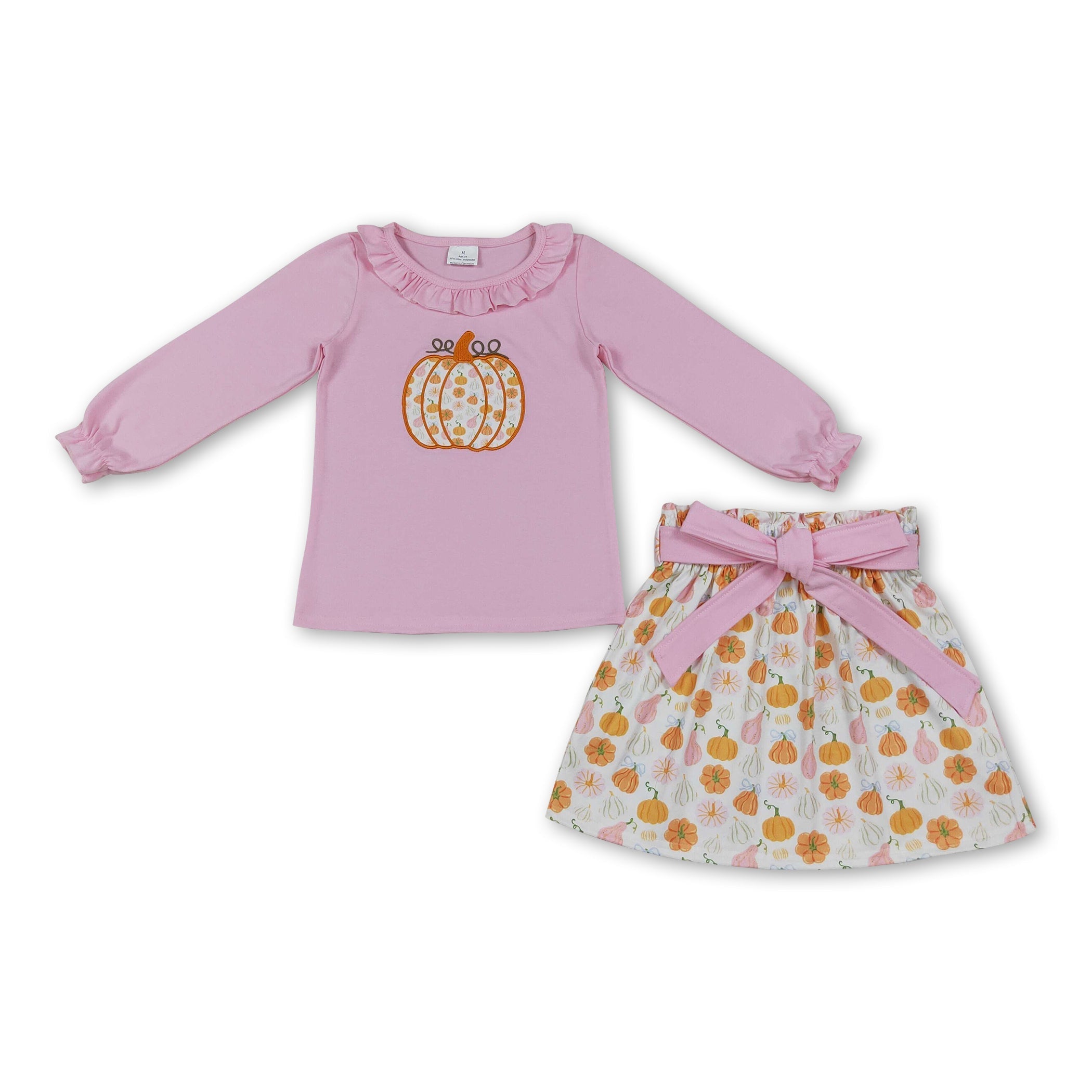Pink ruffle pumpkin embroidery top skirt girls outfits