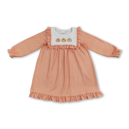 Long sleeves pumpkin embroidery ruffle girls fall dress