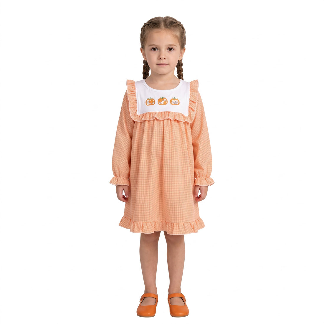 Long sleeves pumpkin embroidery ruffle girls fall dress