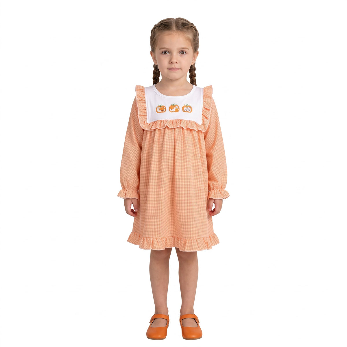 Long sleeves pumpkin embroidery ruffle girls fall dress