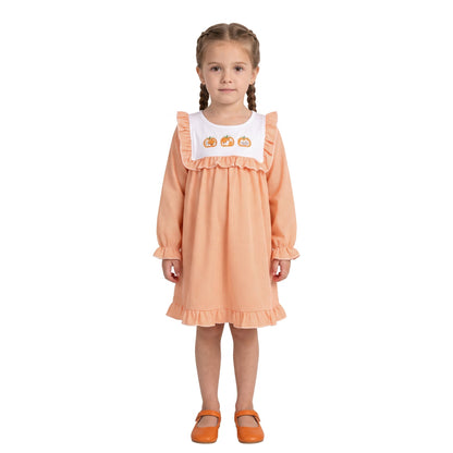 Long sleeves pumpkin embroidery ruffle girls fall dress