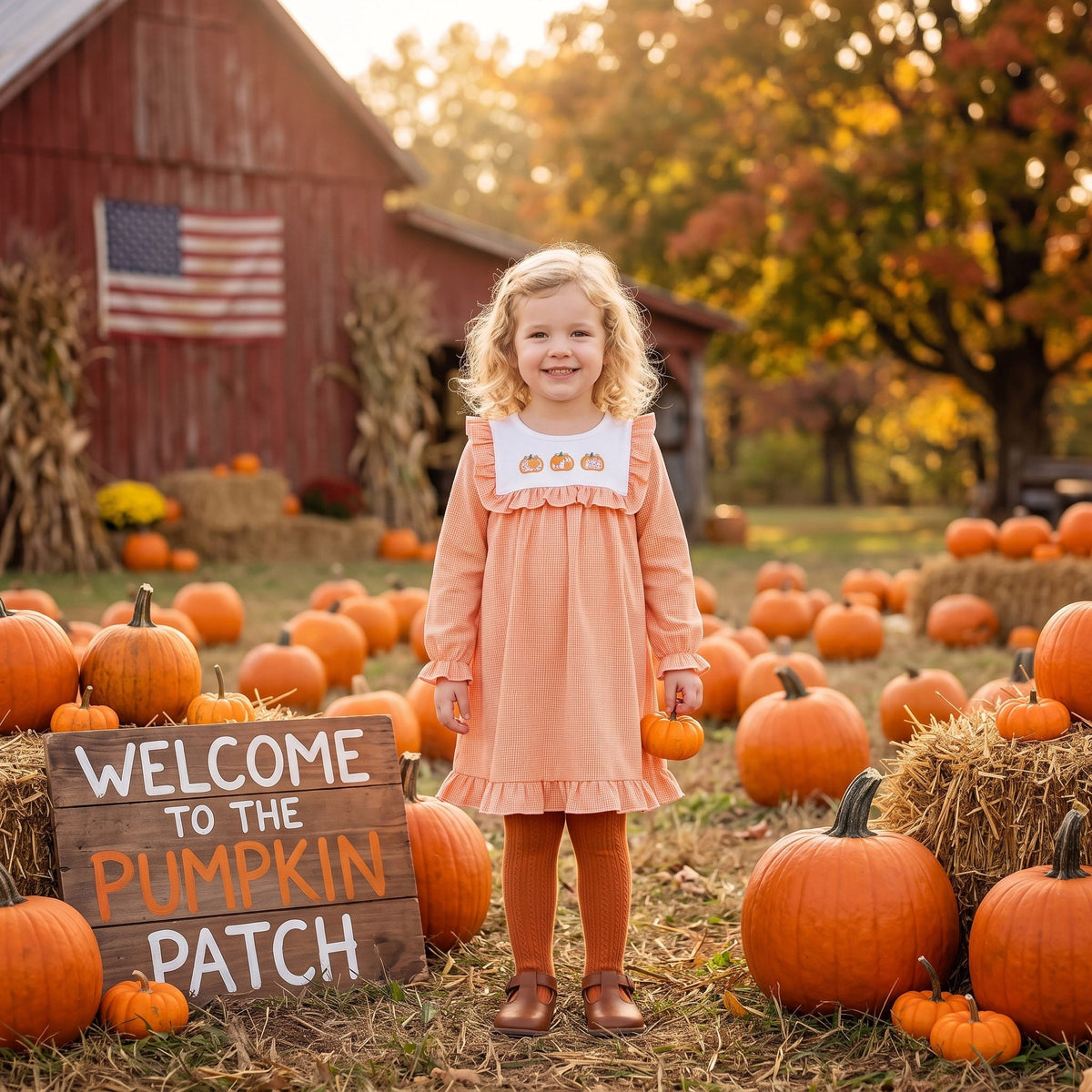 Long sleeves pumpkin embroidery ruffle girls fall dress
