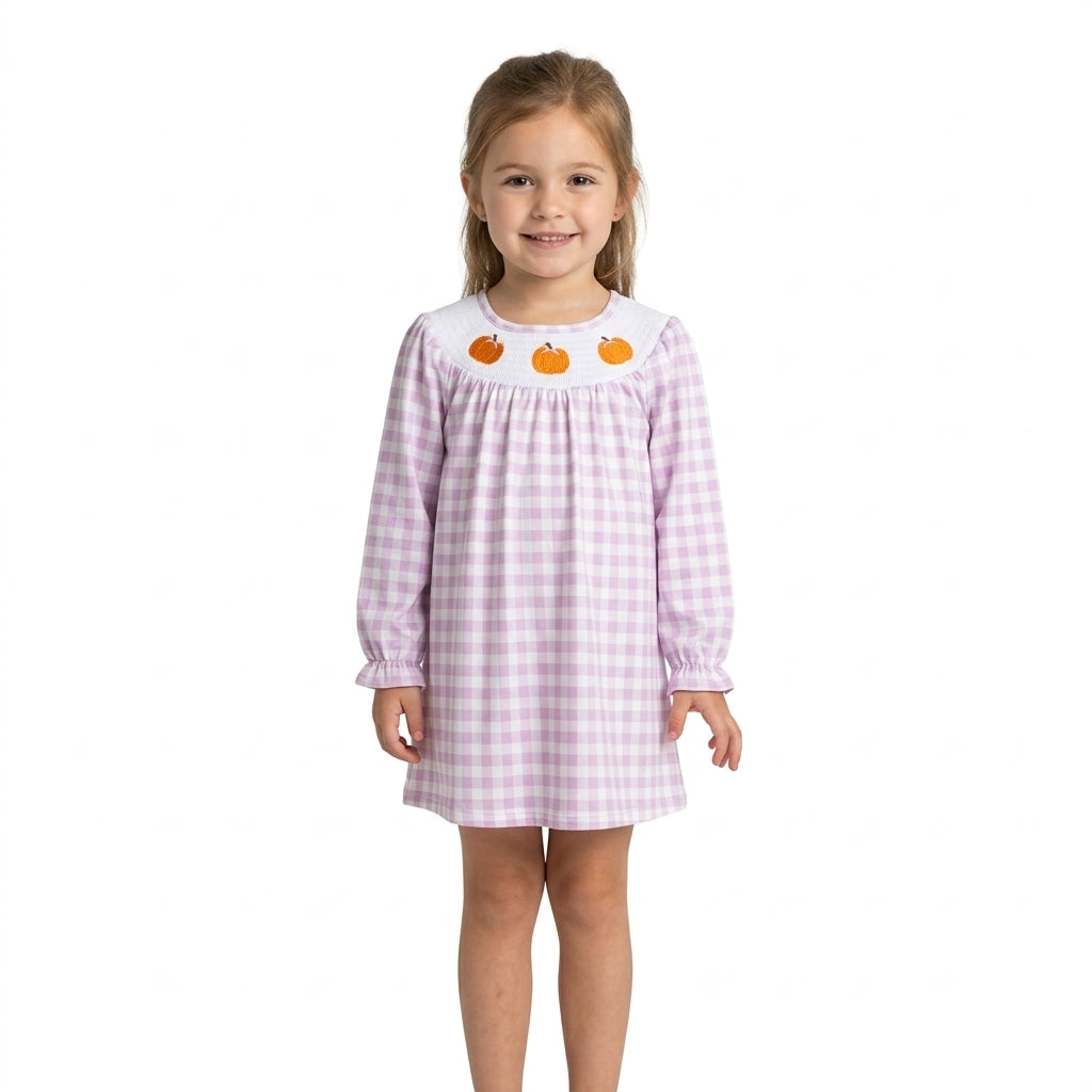 Pink plaid pumpkin bow smocked kids girls fall dress