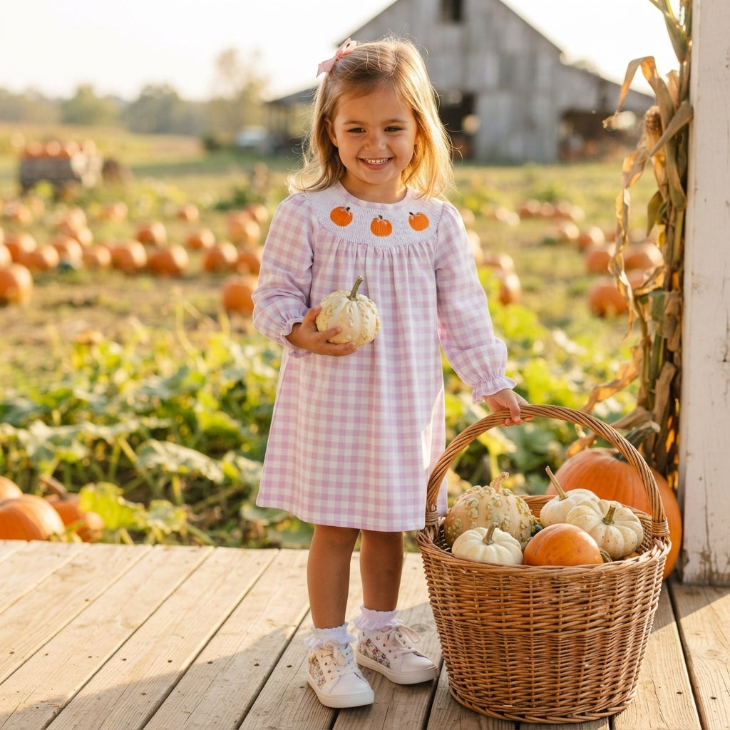 Pink plaid pumpkin bow smocked kids girls fall dress