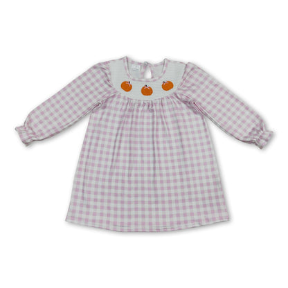 Pink plaid pumpkin bow smocked kids girls fall dress