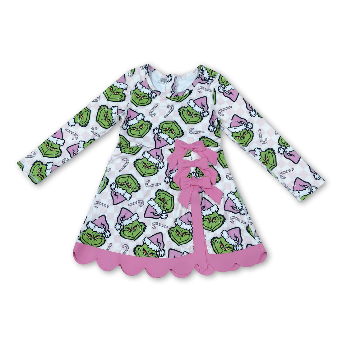 Long sleeves pink plaid scallop girls Christmas athletic dress
