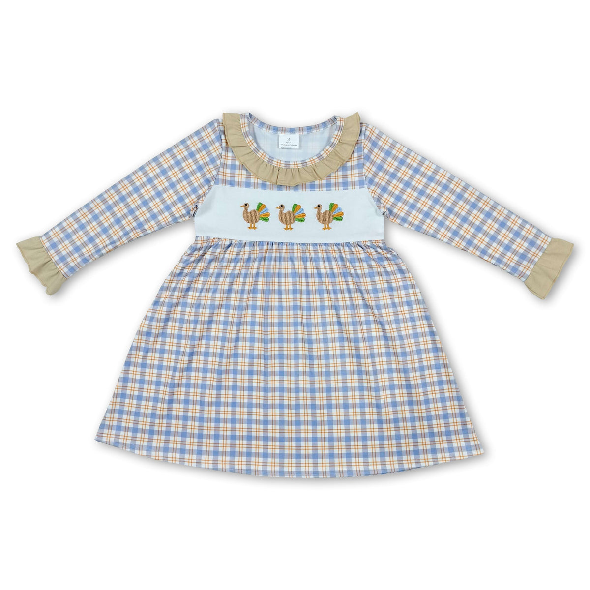 Plaid turkey embroidery girls Thanksgiving dress