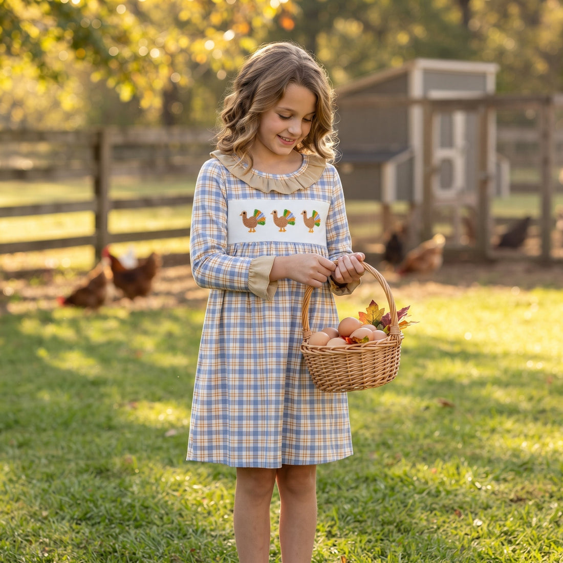 Plaid turkey embroidery girls Thanksgiving dress