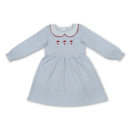 Long sleeves stripe santa embroidery girls Christmas dress