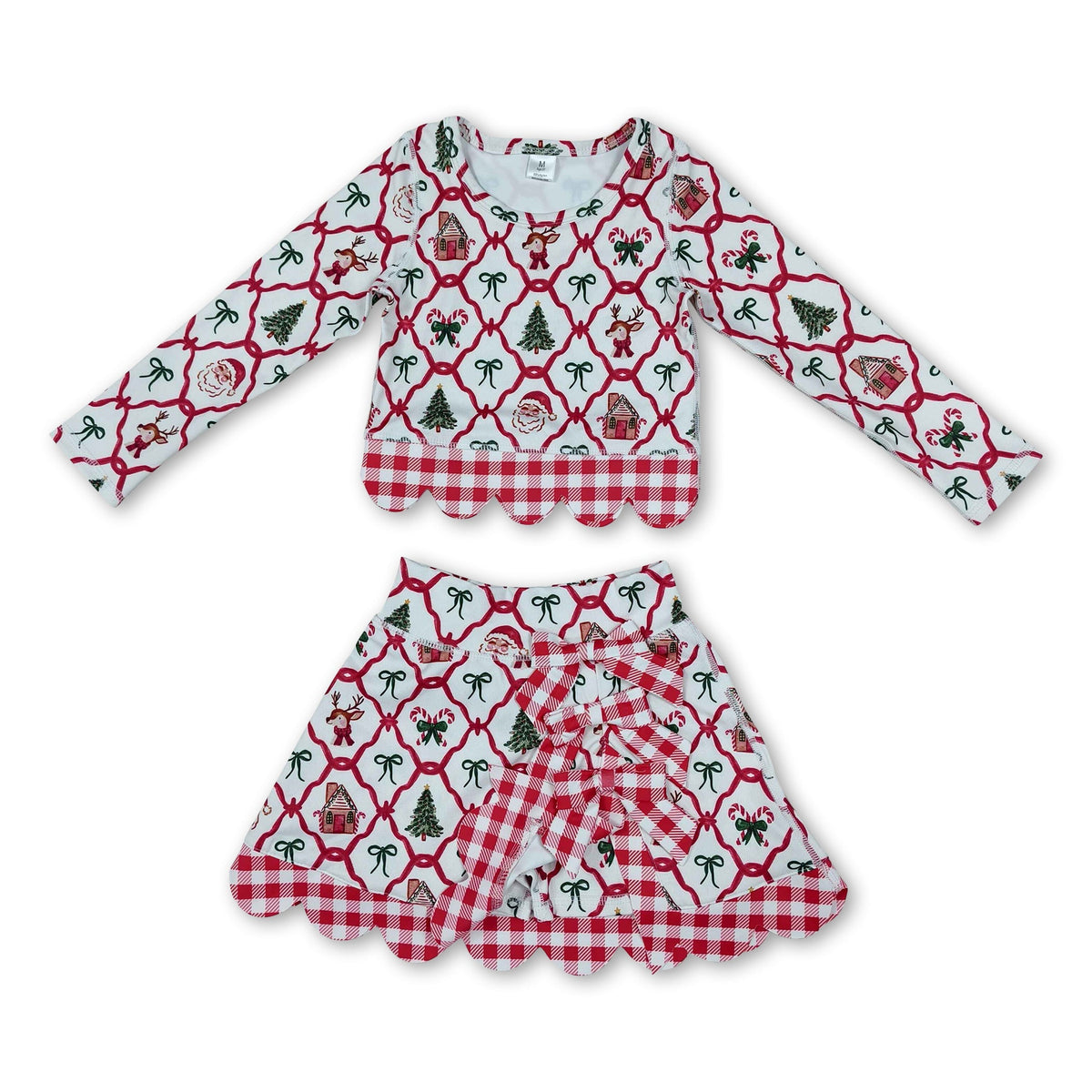Santa deer bow scallop girls Christmas active wear set