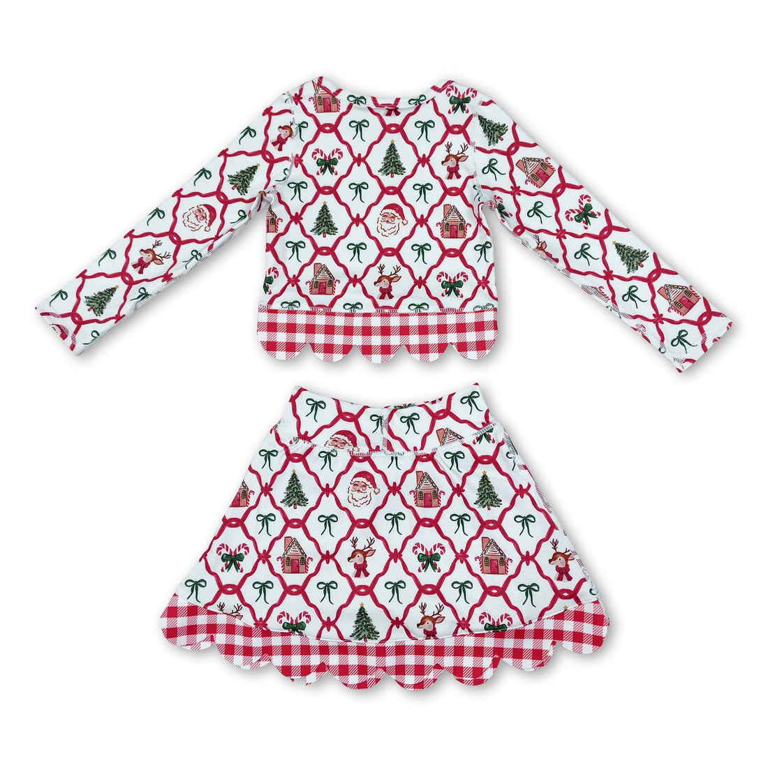 Santa deer bow scallop girls Christmas active wear set