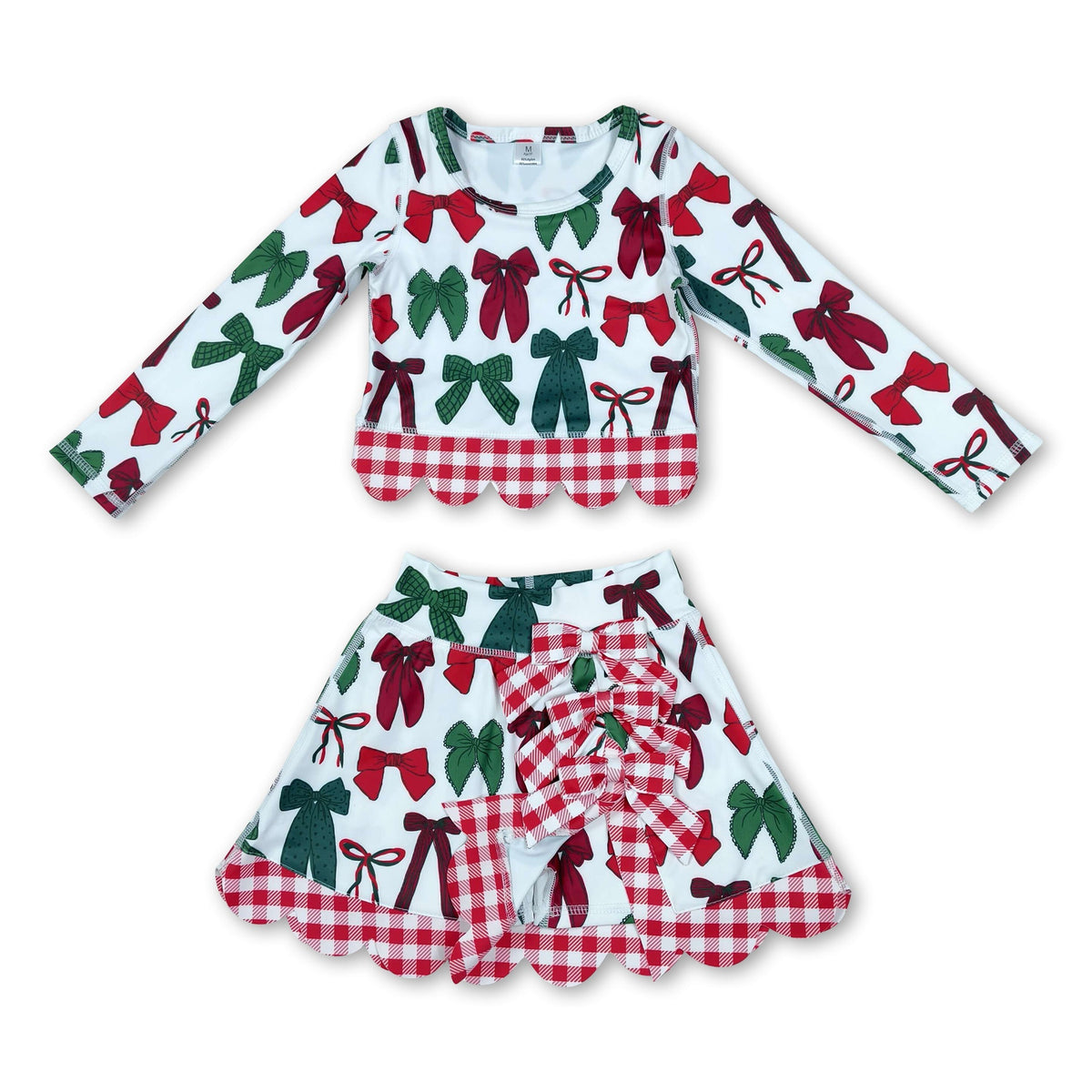 Red green bows scallop girls Christmas active wear set