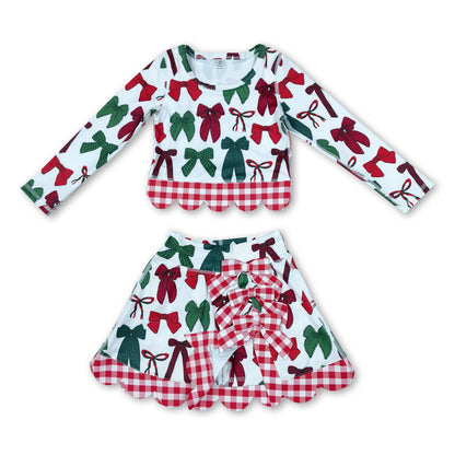 Red green bows scallop girls Christmas active wear set