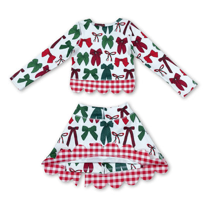 Red green bows scallop girls Christmas active wear set