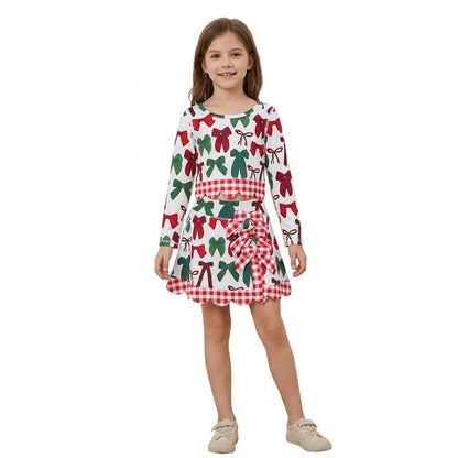 Red green bows scallop girls Christmas active wear set
