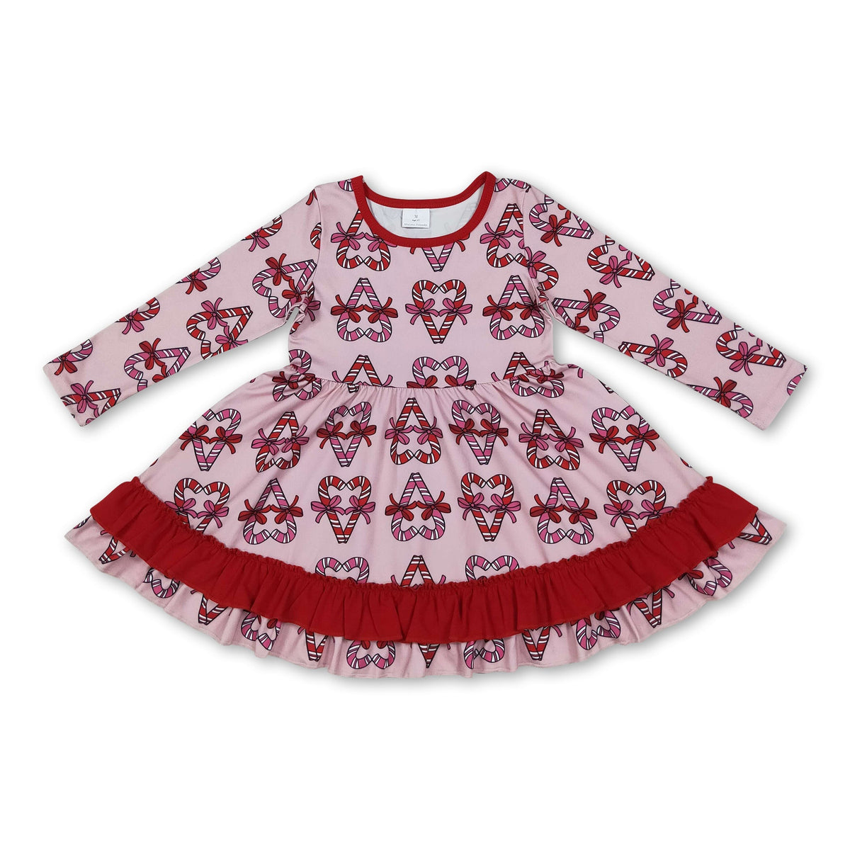 Long sleeves candy cane bow ruffle girls Christmas dress