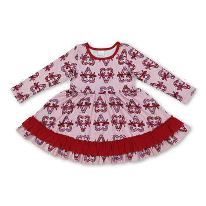 Long sleeves candy cane bow ruffle girls Christmas dress