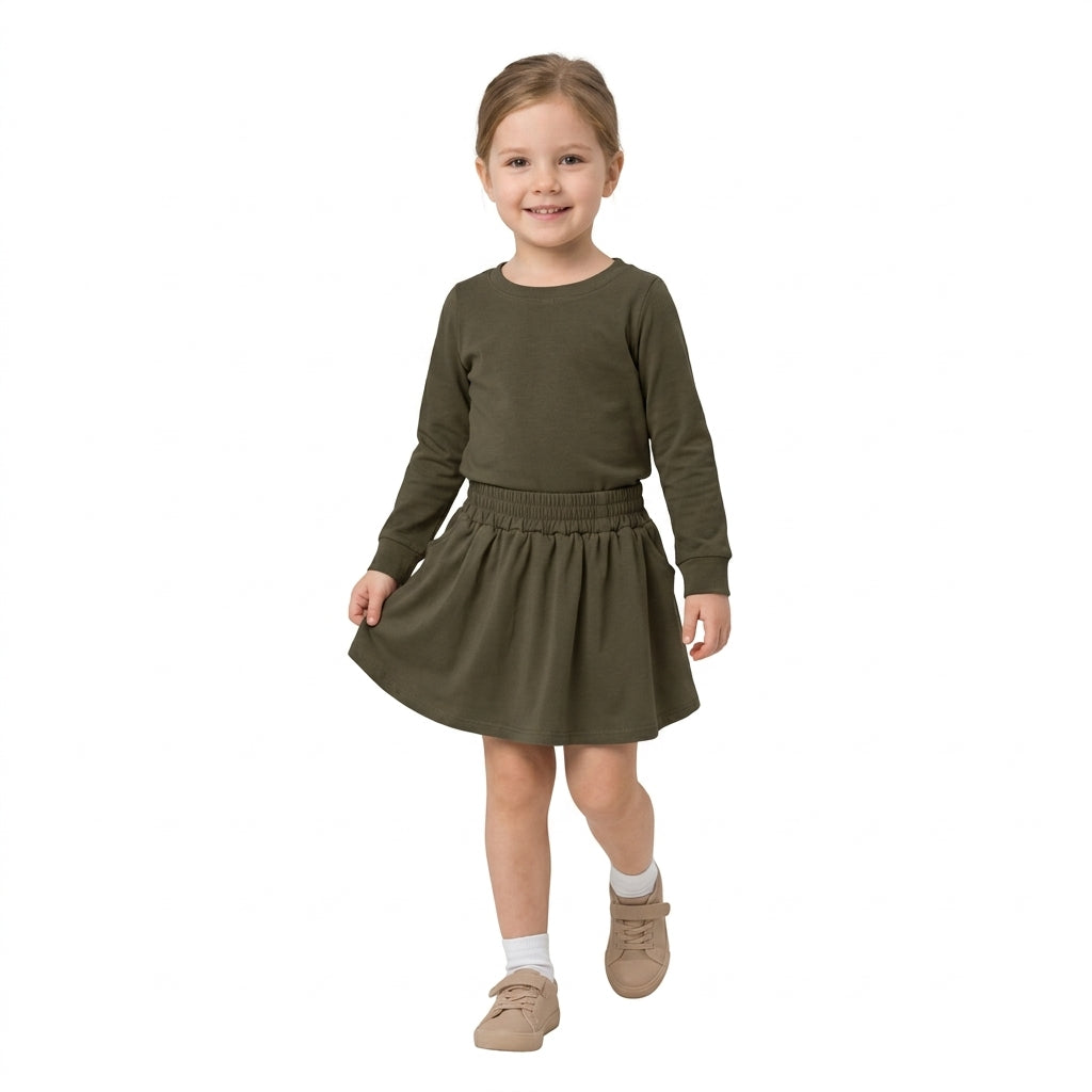 Long sleeves olive cotton top skirt kids girls outfits