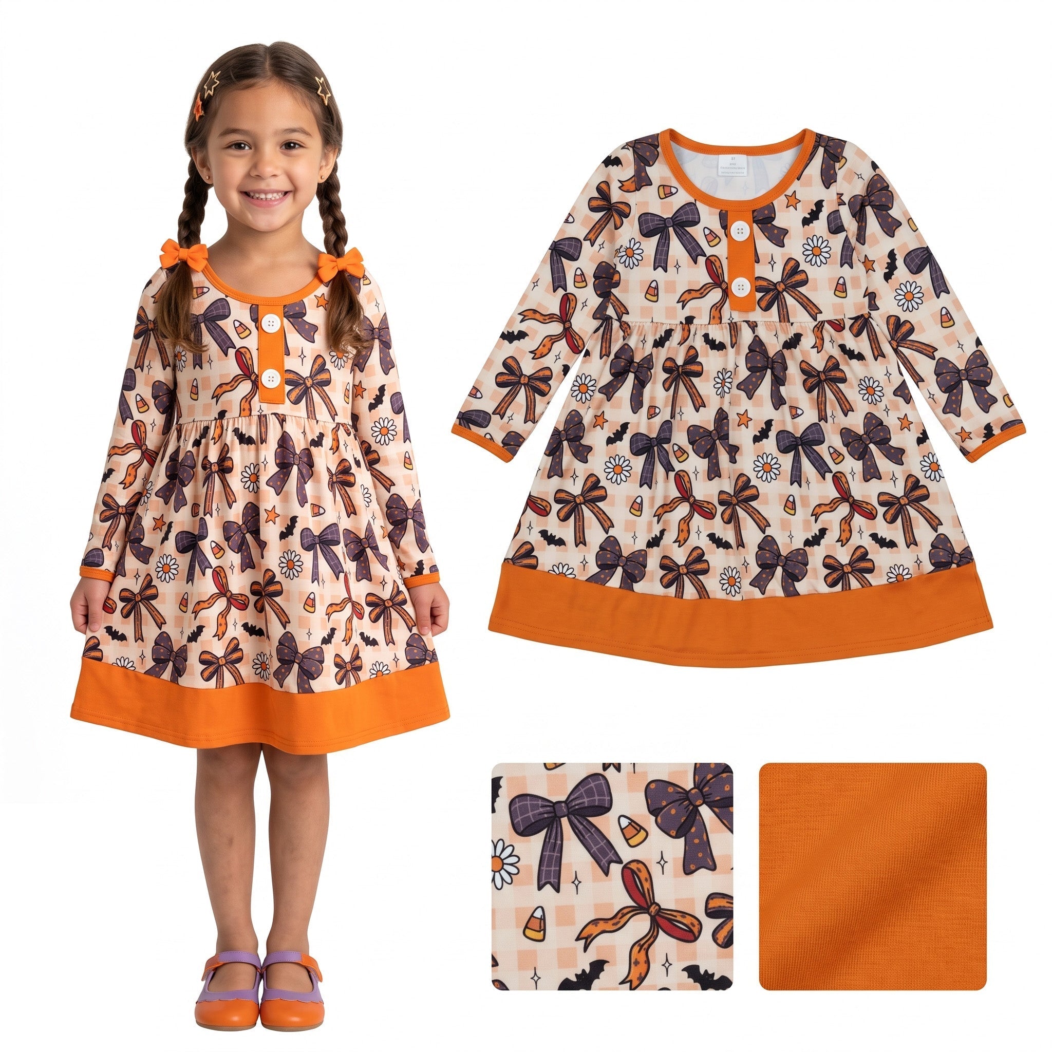 Plaid bow candy corn floral girls Halloween dresses