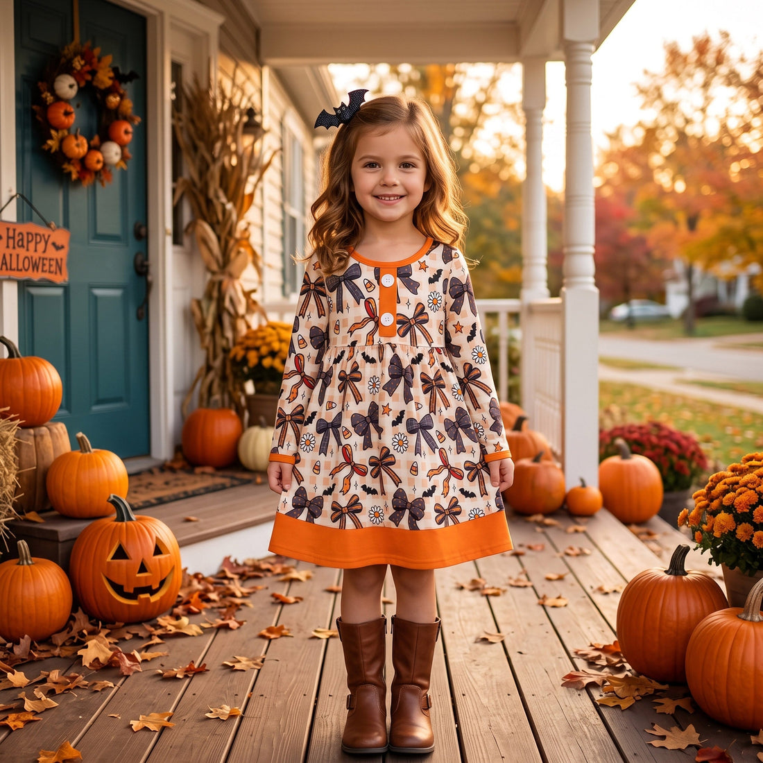 Plaid bow candy corn floral girls Halloween dresses