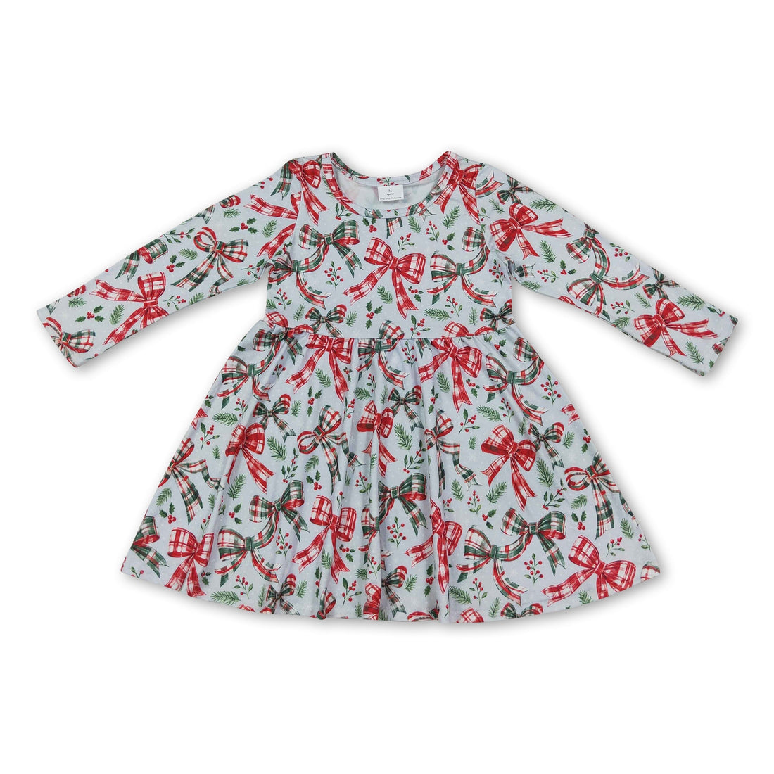 Long sleeves red green plaid bows girls Christmas dress