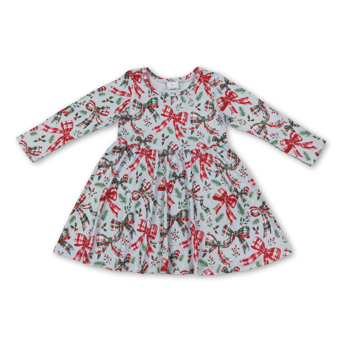 Long sleeves red green plaid bows girls Christmas dress