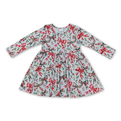 Long sleeves red green plaid bows girls Christmas dress
