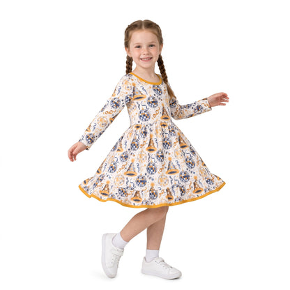 Long sleeves ruffle kids girls Happy New Year dress
