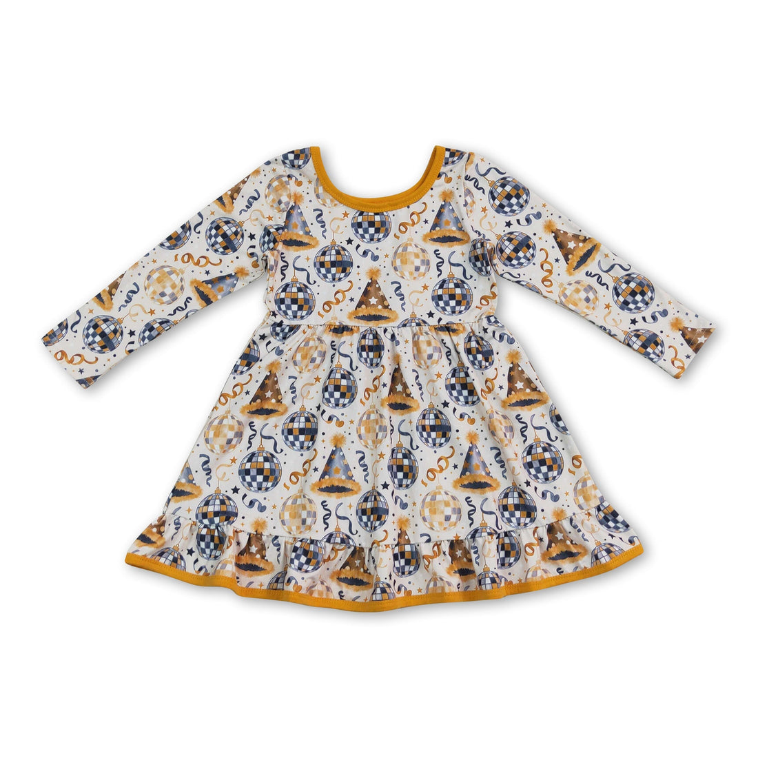 Long sleeves ruffle kids girls Happy New Year dress