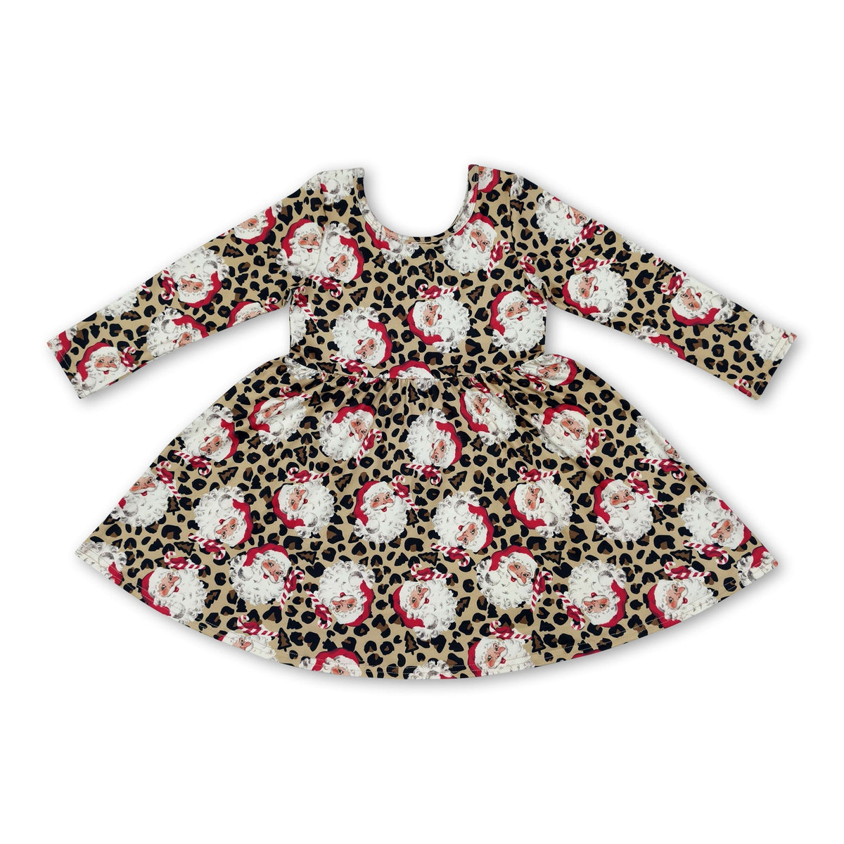 Long sleeves leopard santa kids girls Christmas dress