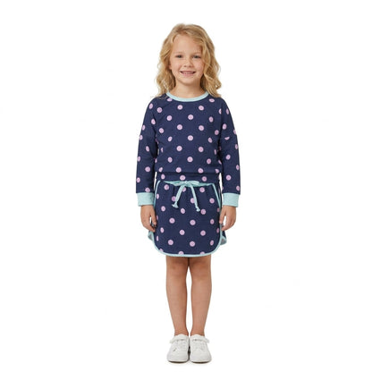 Long sleeves navy pink polka dots top skirt girls outfits