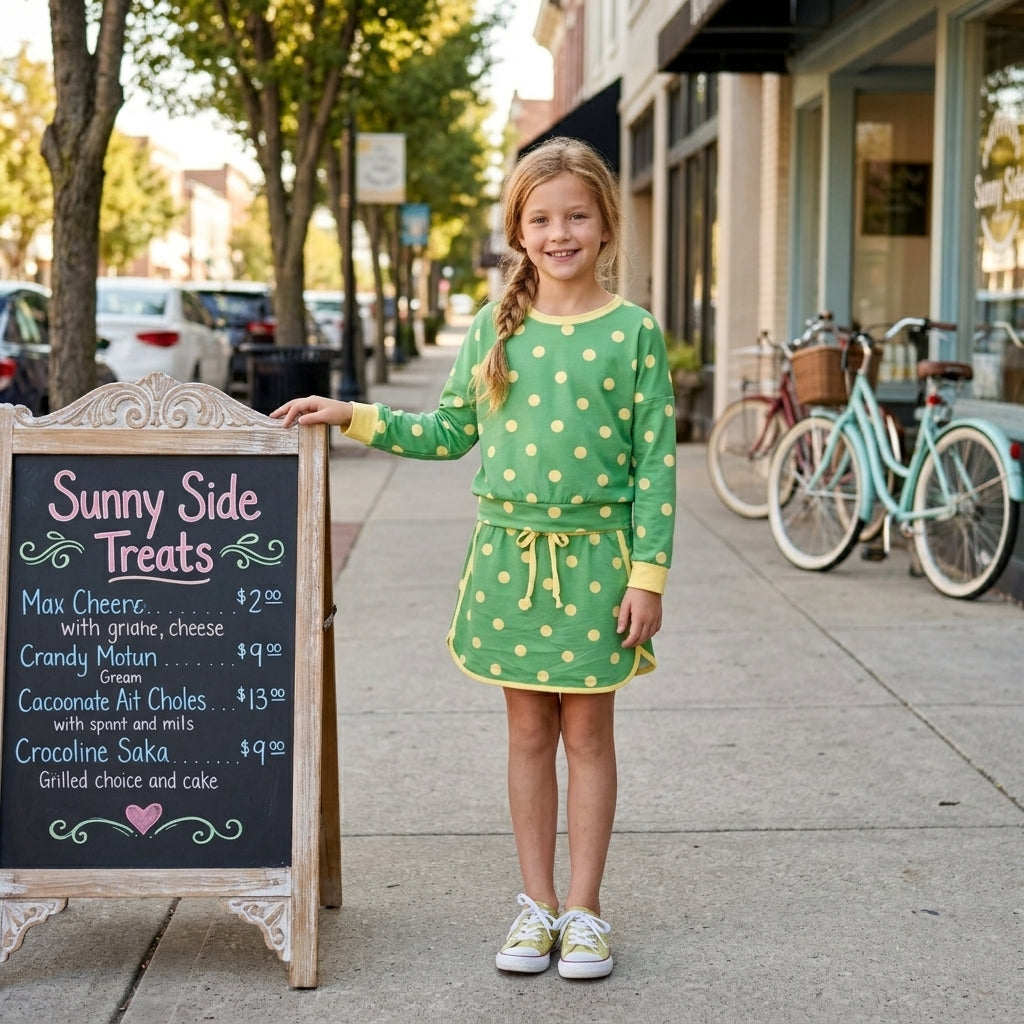 Long sleeves green yellow polka dots top skirt girls outfits