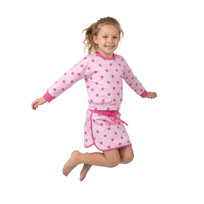 Long sleeves light pink polka dots top skirt girls outfits