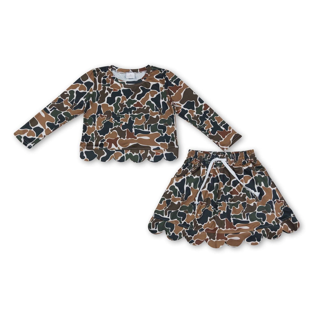 Girl long sleeves brown camo scallop top and skirt set by Mini Rodeo, featuring stylish camouflage pattern and scalloped edges.