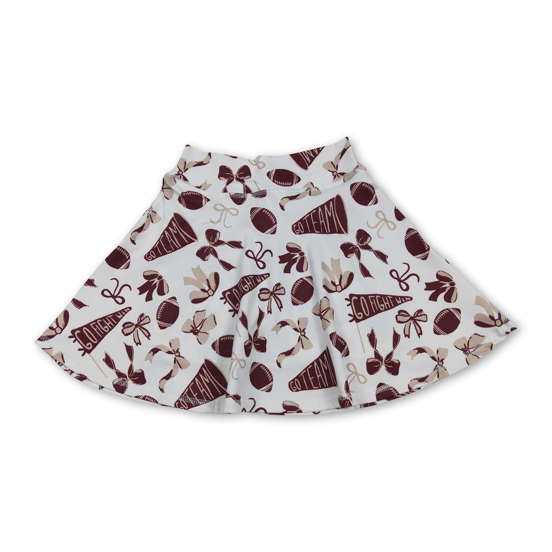 Maroon girl’s football-themed activewear skirt by Mini Rodeo featuring a bow and go team design, suitable for kids and girls.
