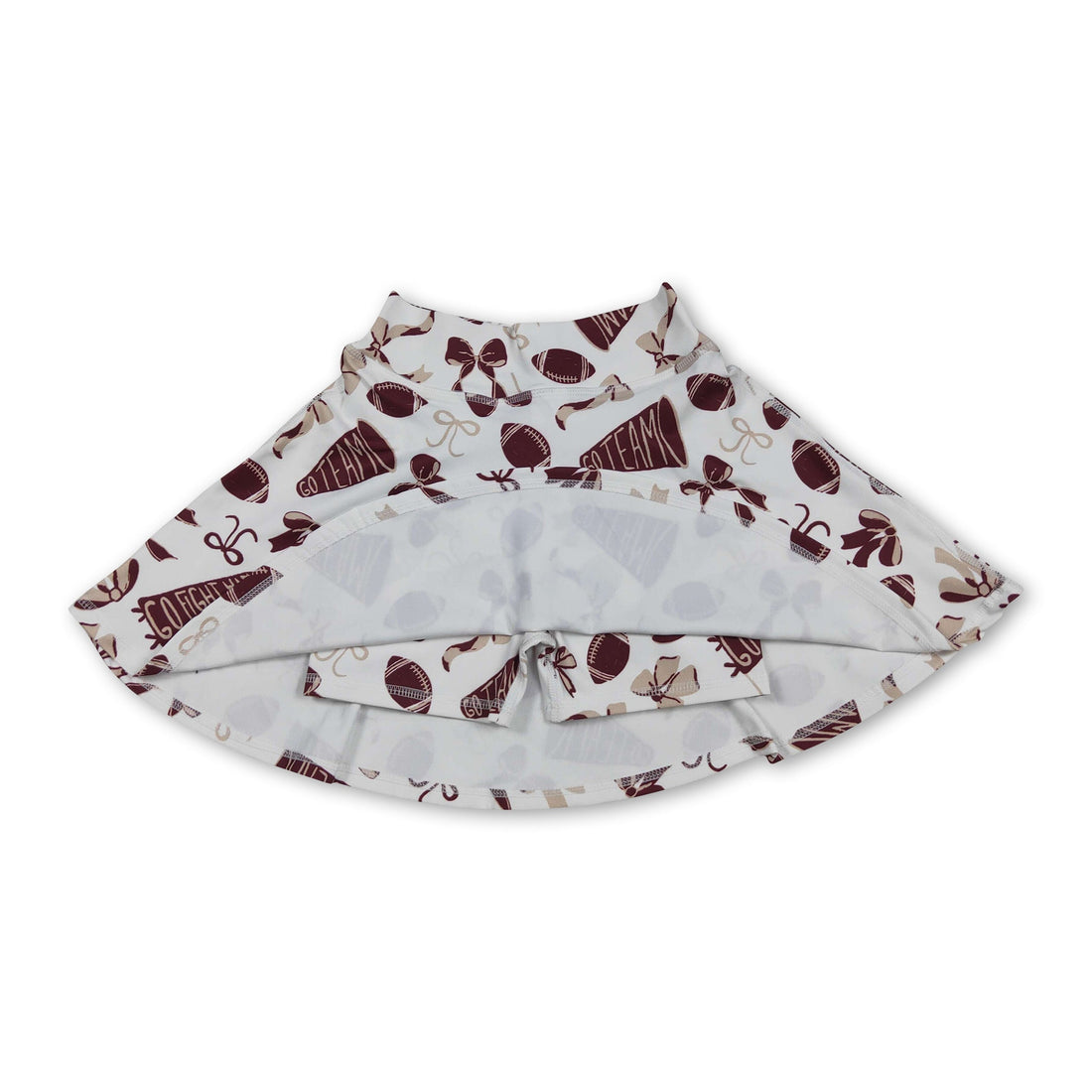 Maroon girl’s activewear skirt with a football bow design, suitable for kids and girls, by Mini Rodeo.