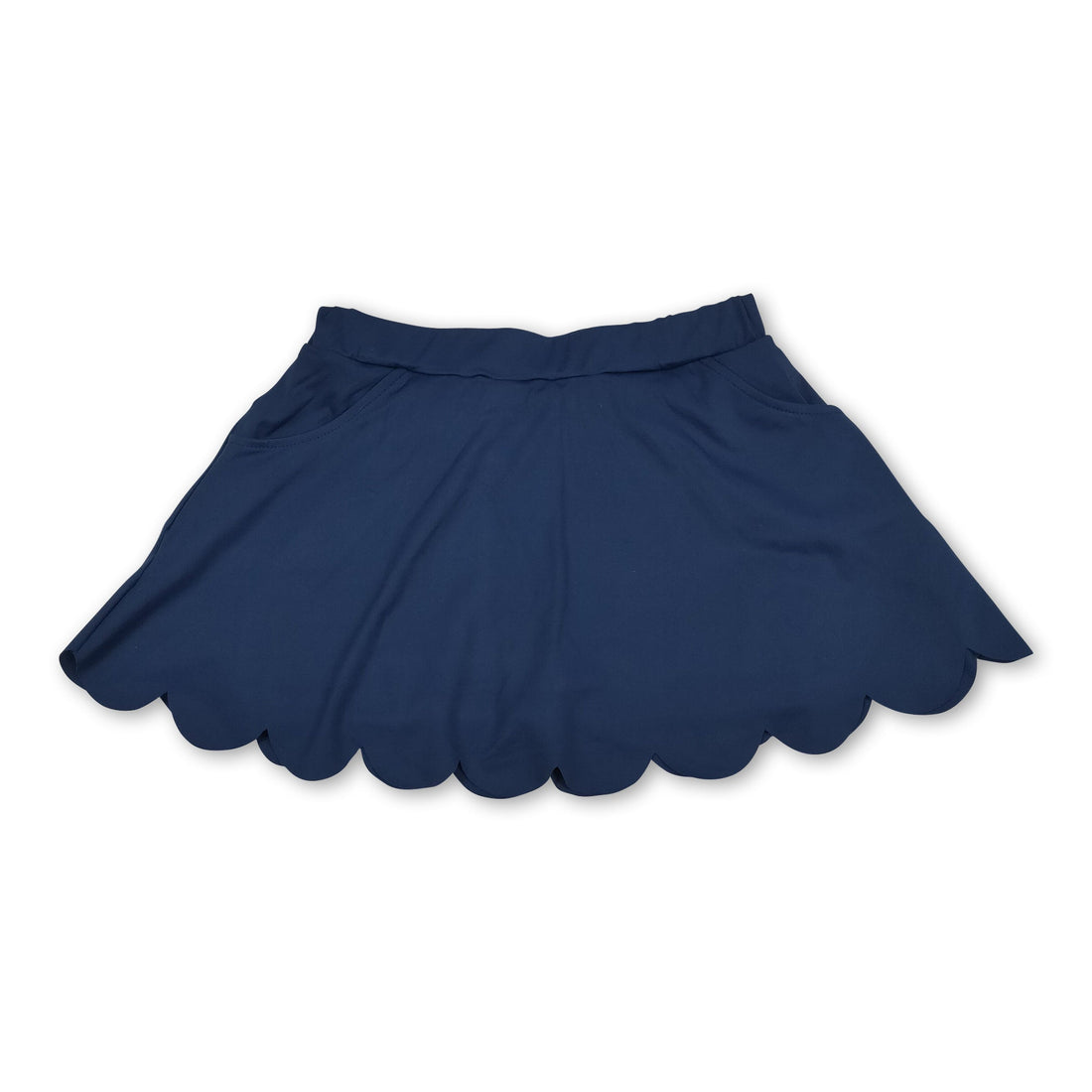 Navy scallop pockets girl summer activwear skirt by Mini Rodeo, featuring a comfortable fit and stylish design for kids.