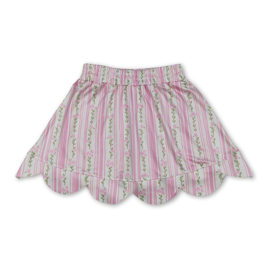 Pink floral elastic waist girl skirt with scalloped hem from Mini Rodeo, designed for girls, featuring a colorful floral pattern.