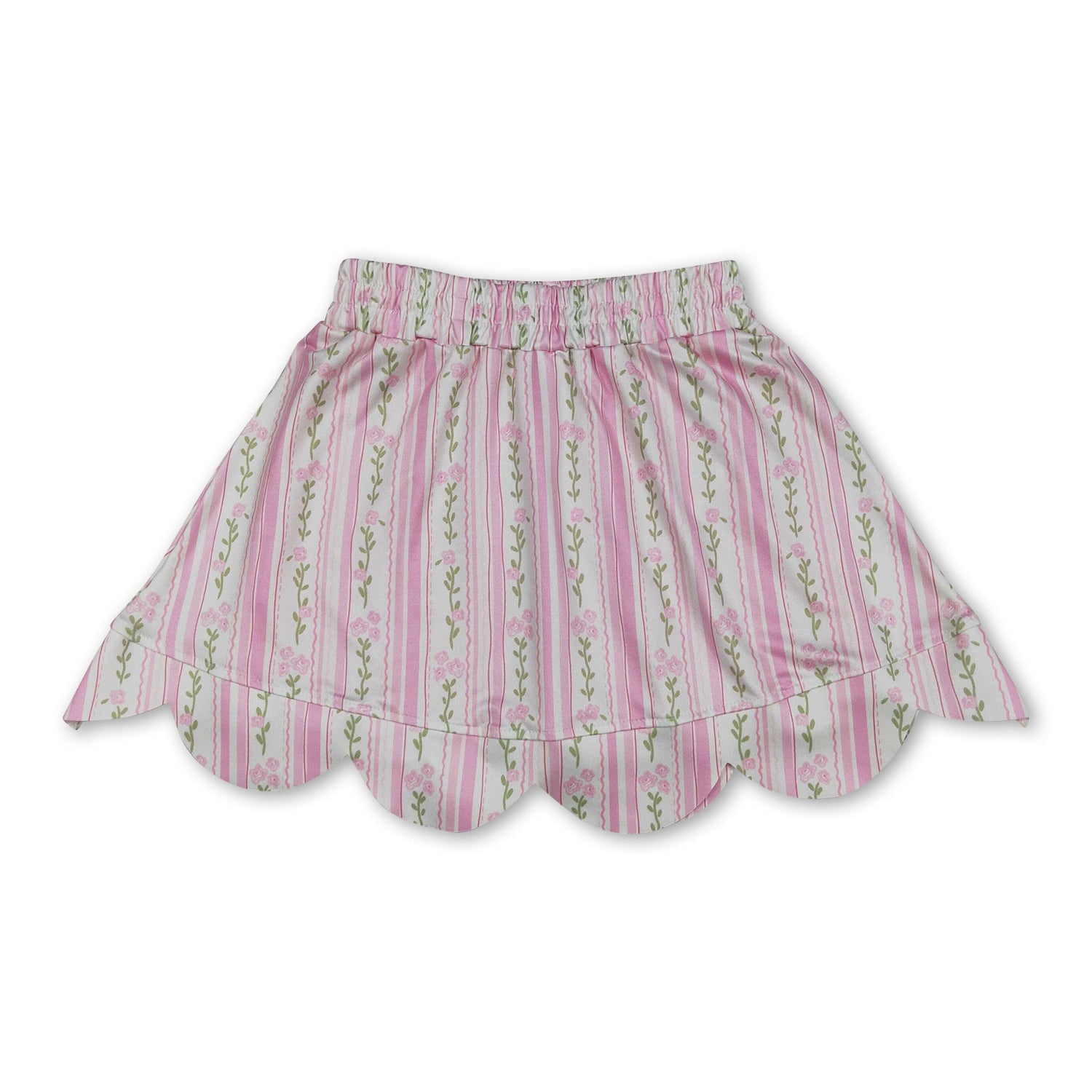 Pink floral elastic waist scallop kids girls skirts